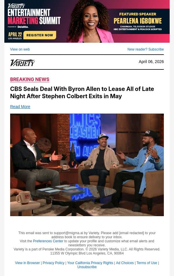 CBS Seals Deal With Byron Allen to Lease All of Late Night After Stephen Colbert Exits in May email from Variety screenshot