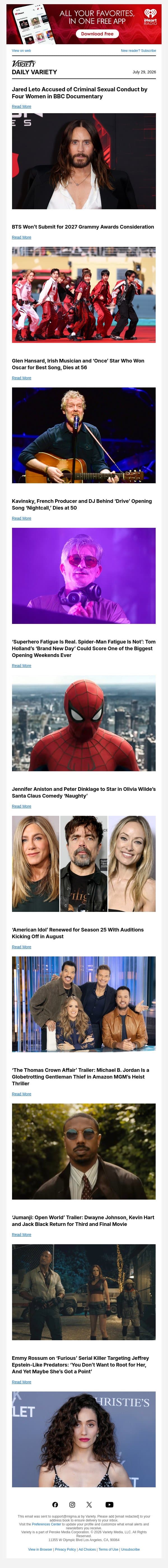 Jared Leto Accused of Sexual Misconduct; BTS Won't Submit for Grammys; Glen Hansard Dies email from Variety screenshot