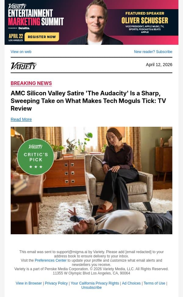 AMC Silicon Valley Satire 'The Audacity' Is a Sharp, Sweeping Take on What Makes Tech Moguls Tick: TV Review email from Variety screenshot