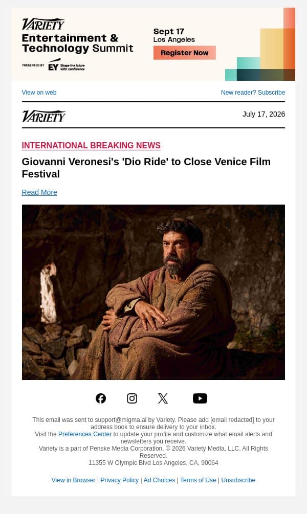 Giovanni Veronesi's 'Dio Ride' to Close Venice Film Festival email from Variety screenshot