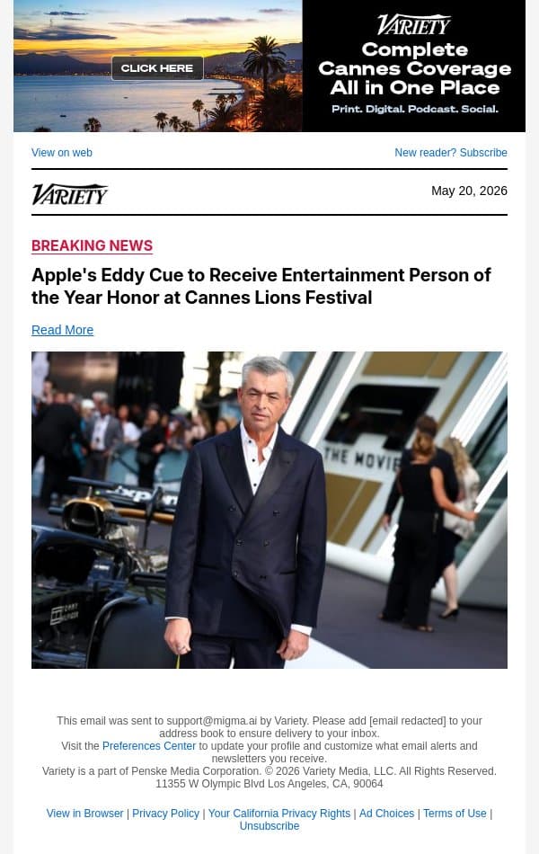 Apple's Eddy Cue to Receive Entertainment Person of the Year Honor at Cannes Lions Festival email from Variety screenshot