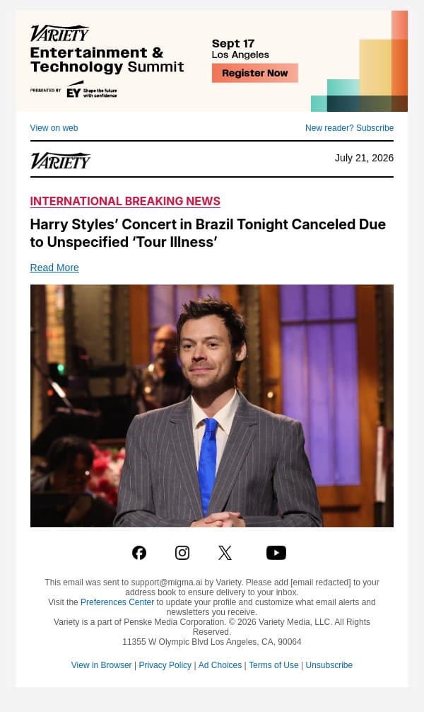 Harry Styles’ Concert in Brazil Tonight Canceled Due to Unspecified ‘Tour Illness’ email from Variety screenshot