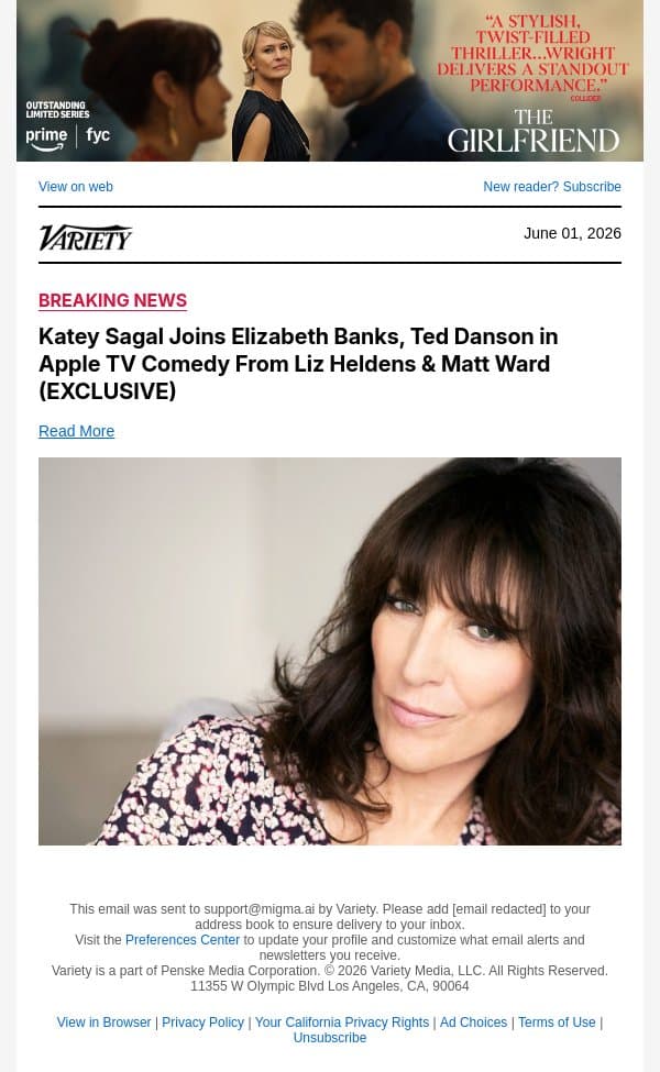 Katey Sagal Joins Elizabeth Banks, Ted Danson in Apple TV Comedy From Liz Heldens and Matt Ward (EXCLUSIVE) email from Variety screenshot