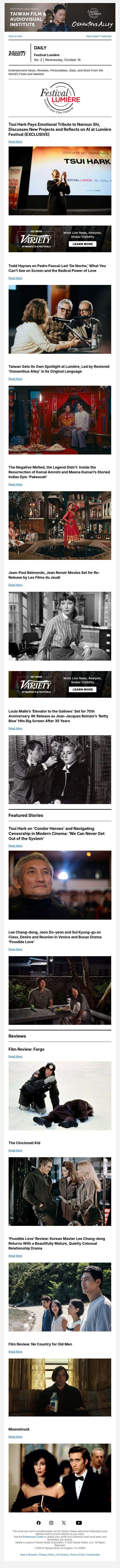Tsui Hark Pays Emotional Tribute to Nansun Shi; Todd Haynes on Pedro Pascal-Led ‘De Noche’; Taiwan Gets Lumière Spotlight email from Variety screenshot