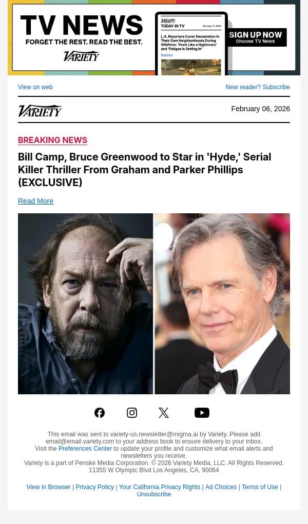 Bill Camp, Bruce Greenwood to Star in 'Hyde,' Serial Killer Thriller From Graham and Parker Phillips (EXCLUSIVE) email from Variety screenshot