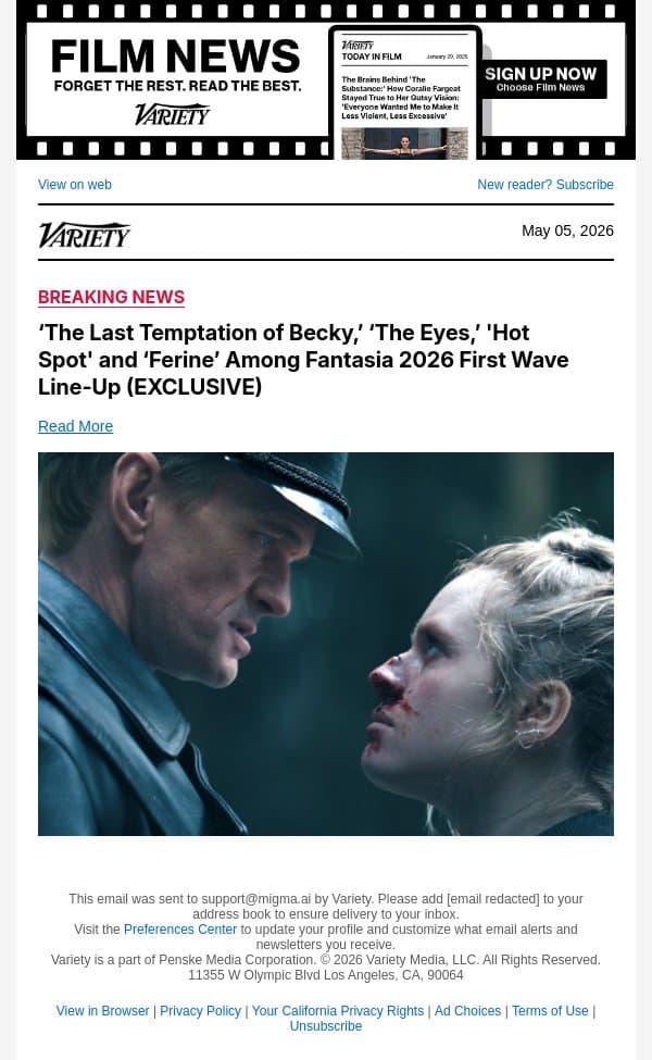 ‘The Last Temptation of Becky,’ ‘The Eyes,’ 'Hot Spot' and ‘Ferine’ Among Fantasia 2026 First Wave Line-Up (EXCLUSIVE) email from Variety screenshot