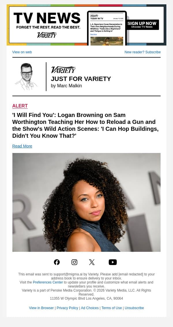 'I Will Find You': Logan Browning on Sam Worthington Teaching Her How to Reload a Gun and the Show's Wild Action Scenes: 'I Can Hop Buildings, Didn't You Know That?' email from Variety screenshot