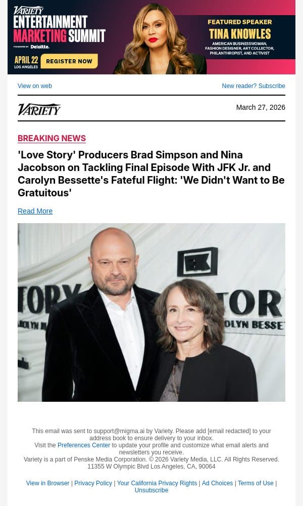 'Love Story' Producers Brad Simpson and Nina Jacobson on Tackling Final Episode With JFK Jr. and Carolyn Bessette's Fateful Flight: 'We Didn't Want to Be Gratuitous' email from Variety screenshot