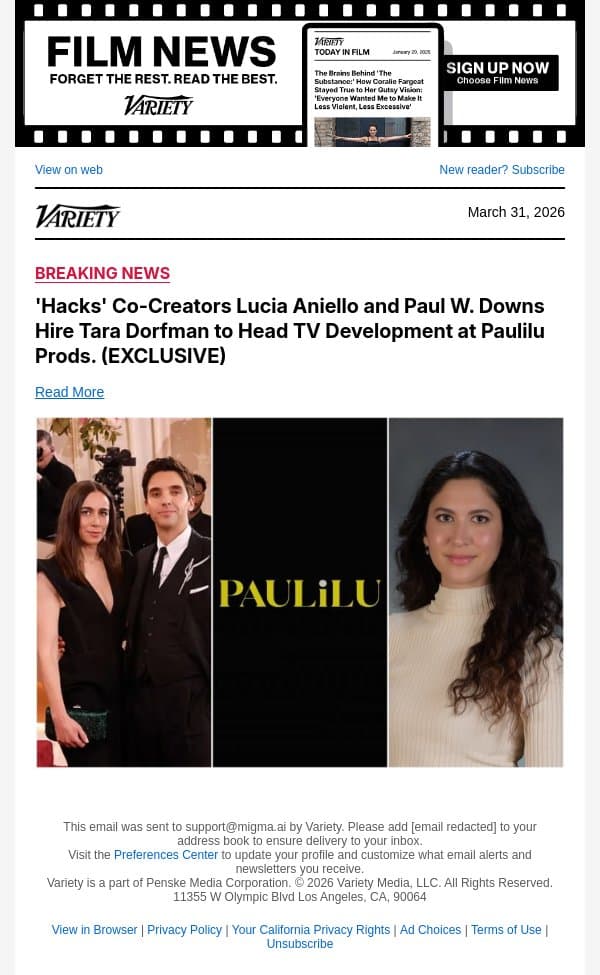 'Hacks' Co-Creators Lucia Aniello and Paul W. Downs Hire Tara Dorfman to Head TV Development at Paulilu Prods. (EXCLUSIVE) email from Variety screenshot