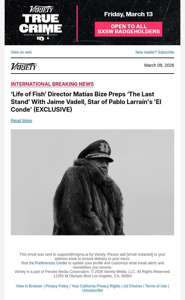 ‘Life of Fish’ Director Matías Bize Preps ‘The Last Stand’ With Jaime Vadell, Star of Pablo Larraín's 'El Conde' (EXCLUSIVE) email from Variety screenshot