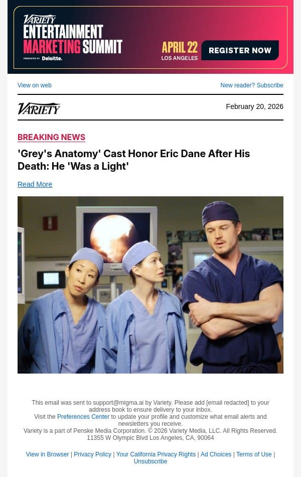 'Grey's Anatomy' Cast Honor Eric Dane After His Death: He 'Was a Light' email from Variety screenshot