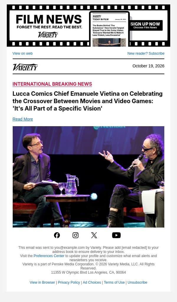 Lucca Comics Chief Emanuele Vietina on Celebrating the Crossover Between Movies and Video Games: 'It's All Part of a Specific Vision' email from Variety screenshot