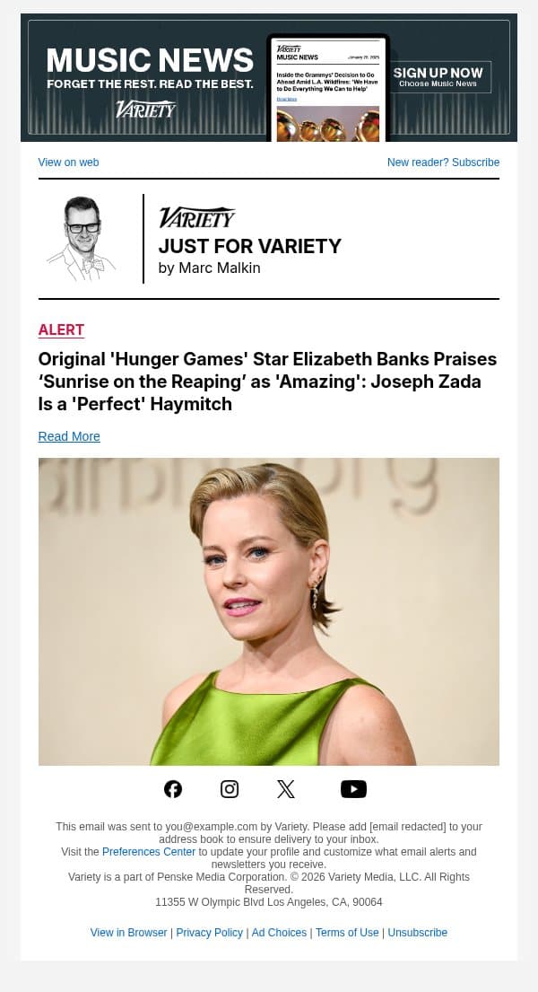 Original 'Hunger Games' Star Elizabeth Banks Praises ‘Sunrise on the Reaping’ as 'Amazing': Joseph Zada Is a 'Perfect' Haymitch email from Variety screenshot