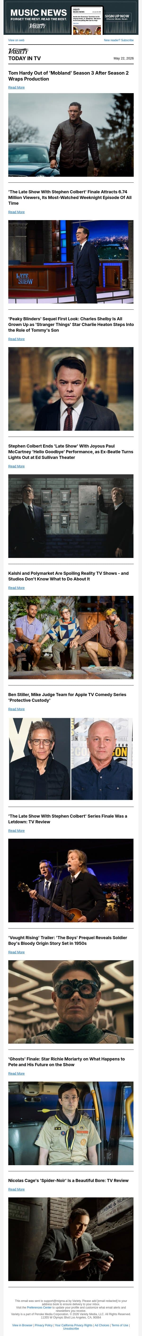 Tom Hardy Out at 'Mobland'; Colbert's Huge Finale Ratings; 'Peaky Blinders' Sequel First Look email from Variety screenshot