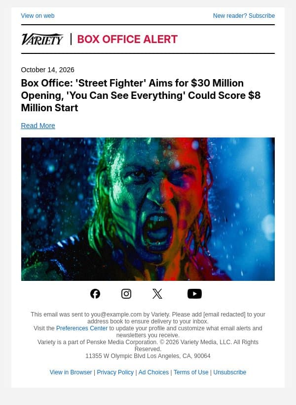 Box Office: 'Street Fighter' Aims for $30 Million Opening, 'You Can See Everything' Could Score $8 Million Start email from Variety screenshot