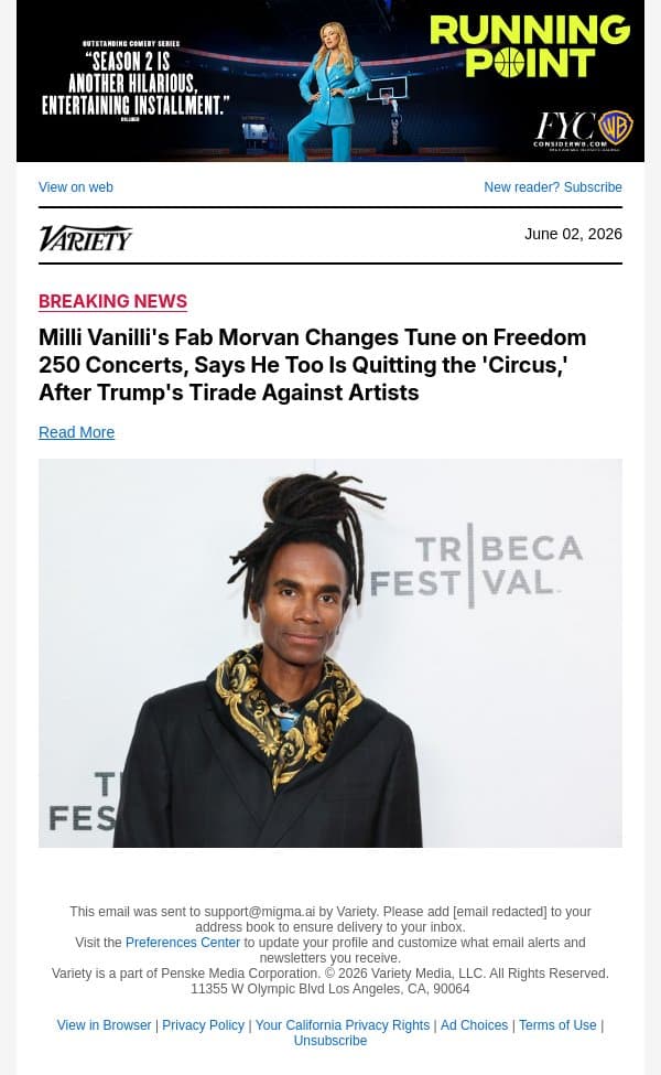 Milli Vanilli's Fab Morvan Changes Tune on Freedom 250 Concerts, Says He Too Is Quitting the 'Circus,' After Trump's Tirade Against Artists email from Variety screenshot