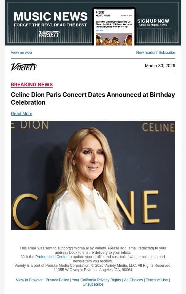 Celine Dion Paris Concert Dates Announced at Birthday Celebration email from Variety screenshot