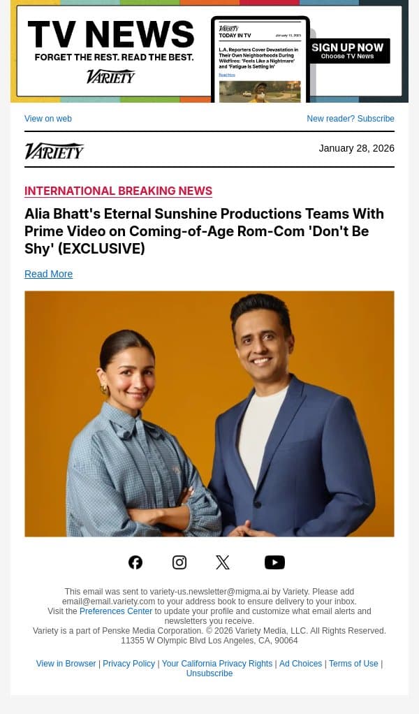Alia Bhatt's Eternal Sunshine Productions Teams With Prime Video on Coming-of-Age Rom-Com 'Don't Be Shy' (EXCLUSIVE) email from Variety screenshot