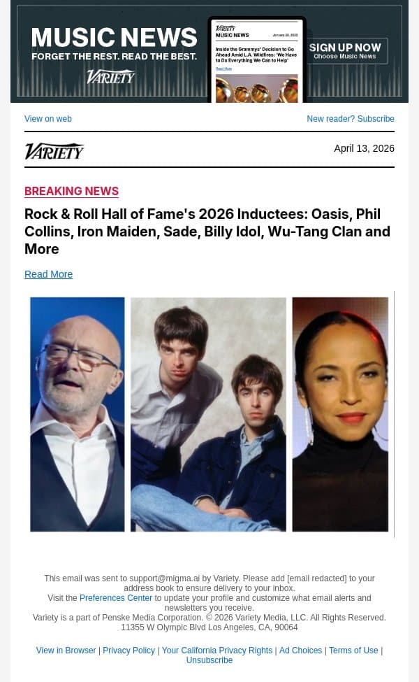 Rock and Roll Hall of Fame's 2026 Inductees: Oasis, Phil Collins, Iron Maiden, Sade, Billy Idol, Wu-Tang Clan and More email from Variety screenshot