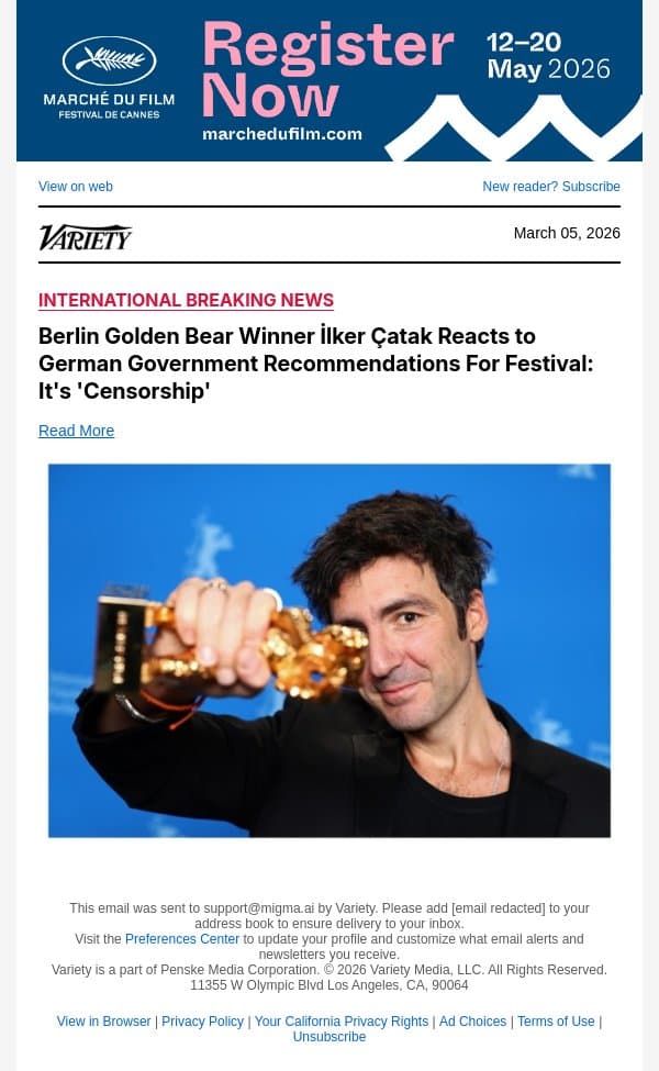Berlin Golden Bear Winner İlker Çatak Reacts to German Government Recommendations For Festival: It's 'Censorship' email from Variety screenshot