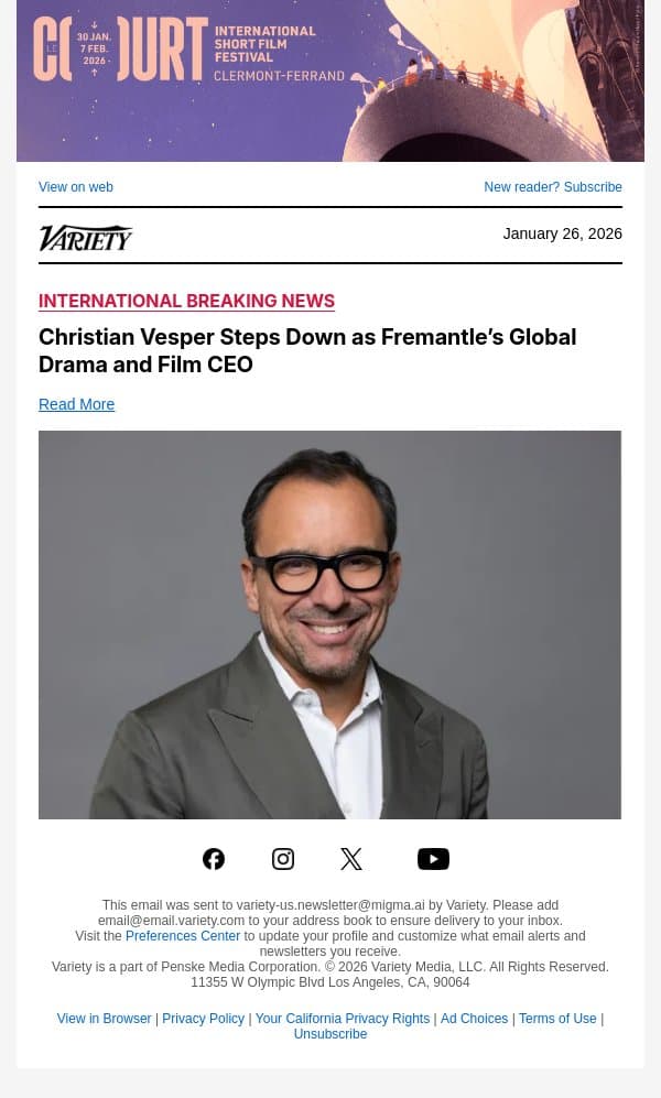 Christian Vesper Steps Down as Fremantle’s Global Drama and Film CEO email from Variety screenshot