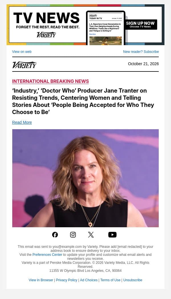 ‘Industry,’ ‘Doctor Who’ Producer Jane Tranter on Resisting Trends, Centering Women and Telling Stories About ‘People Being Accepted for Who They Choose to Be’ email from Variety screenshot
