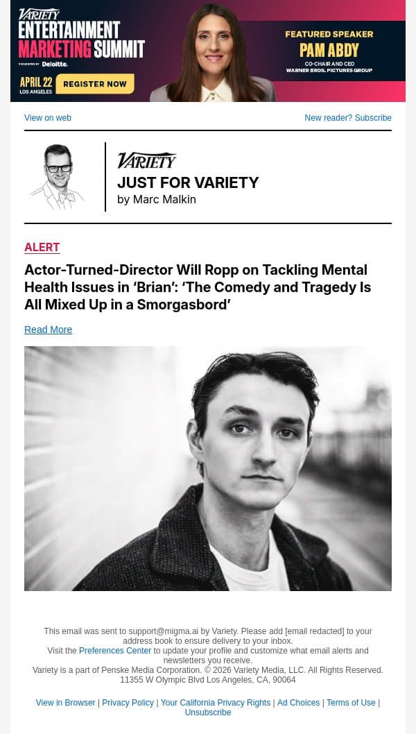 Actor-Turned-Director Will Ropp on Tackling Mental Health Issues in ‘Brian’: ‘The Comedy and Tragedy Is All Mixed Up in a Smorgasbord’ email from Variety screenshot