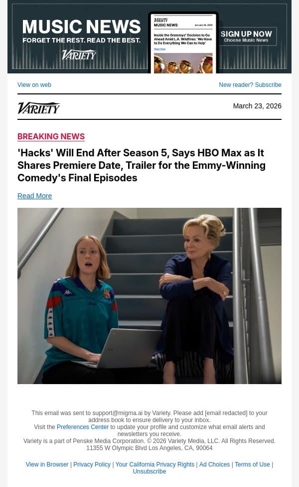 'Hacks' Will End After Season 5, Says HBO Max as It Shares Premiere Date, Trailer for the Emmy-Winning Comedy's Final Episodes email from Variety screenshot