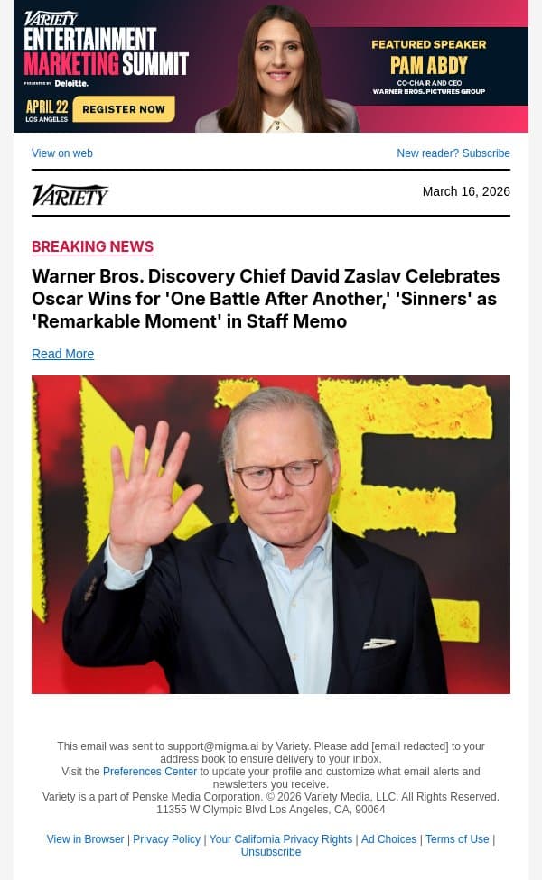 Warner Bros. Discovery Chief David Zaslav Celebrates Oscar Wins for 'One Battle After Another,' 'Sinners' as 'Remarkable Moment' in Staff Memo email from Variety screenshot