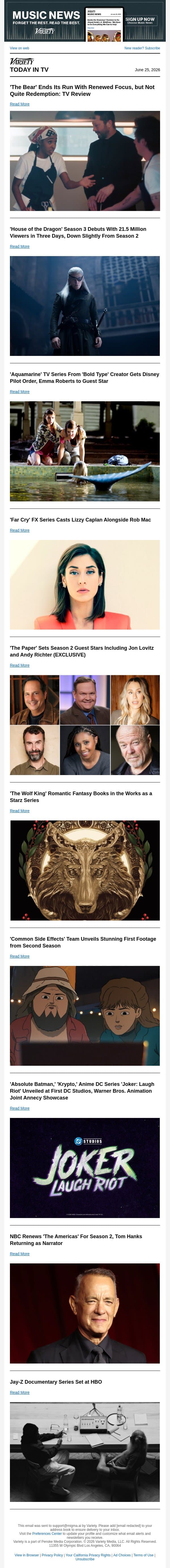 'The Bear' Final Season Review; 'House of the Dragon' Ratings; 'Aquamarine' Series Ordered email from Variety screenshot