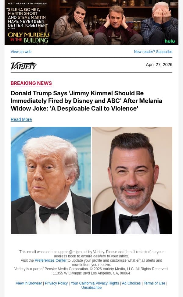 Donald Trump Says 'Jimmy Kimmel Should Be Immediately Fired by Disney and ABC' After Melania Widow Joke: 'A Despicable Call to Violence' email from Variety screenshot