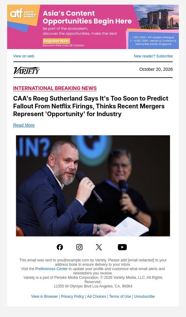 CAA's Roeg Sutherland Says It's Too Soon to Predict Fallout From Netflix Firings, Thinks Recent Mergers Represent 'Opportunity' for Industry email from Variety screenshot