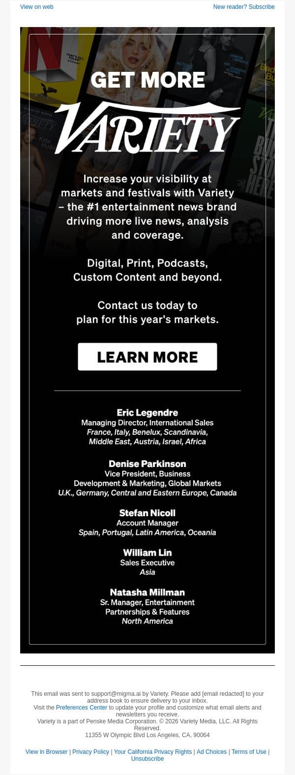 Get More Variety at Markets & Festivals email from Variety screenshot