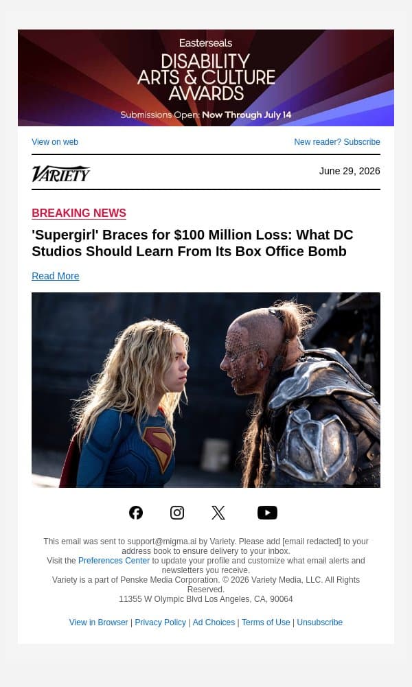 'Supergirl' Braces for $100 Million Loss: What DC Studios Should Learn From Its Box Office Bomb email from Variety screenshot