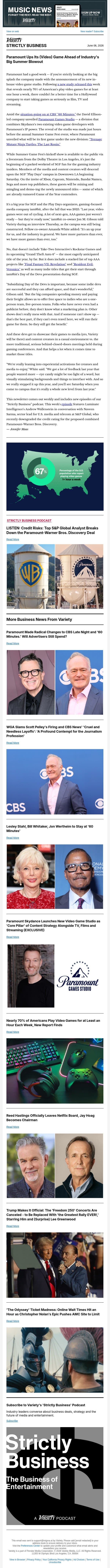 Strictly Business Newsletter & Podcast: How CBS' '60 Minutes,' Late-Night Changes Will Impact Ad Spend; Netflix Replaces Reed Hastings; Paramount Launches Video Game Business email from Variety screenshot