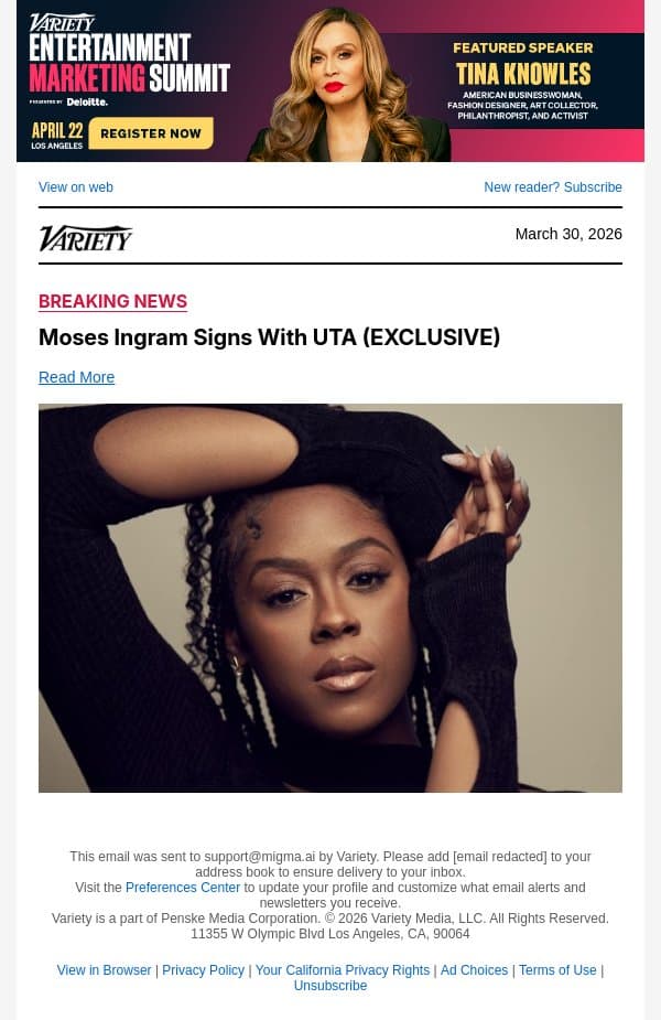 Moses Ingram Signs With UTA (EXCLUSIVE) email from Variety screenshot