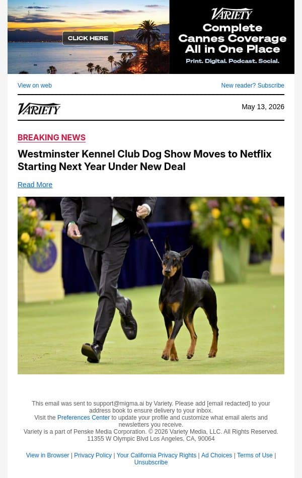 Westminster Kennel Club Dog Show Moves to Netflix Starting Next Year Under New Deal email from Variety screenshot
