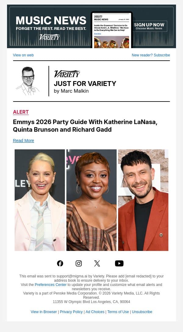 Emmys 2026 Party Guide With Katherine LaNasa, Quinta Brunson and Richard Gadd email from Variety screenshot