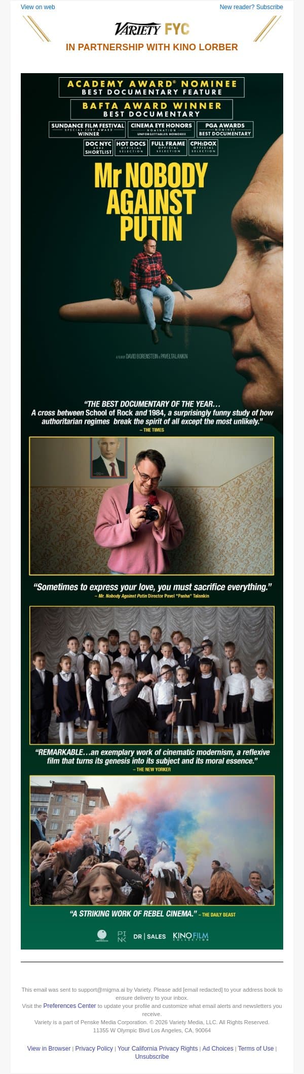 “A striking work of rebel cinema” | FYC - Mr. Nobody Against Putin | Best Documentary Feature email from Variety screenshot