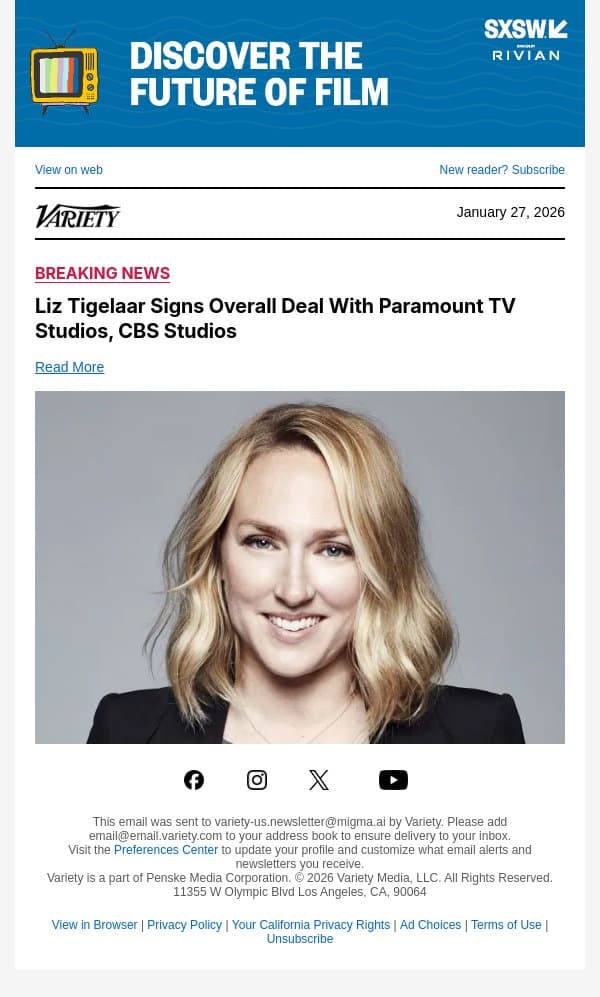 Liz Tigelaar Signs Overall Deal With Paramount TV Studios, CBS Studios email from Variety screenshot