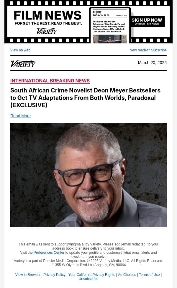 South African Crime Novelist Deon Meyer Bestsellers to Get TV Adaptations From Both Worlds, Paradoxal (EXCLUSIVE) email from Variety screenshot