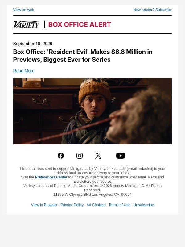 Box Office: 'Resident Evil' Makes $8.8 Million in Previews, Biggest Ever for Series email from Variety screenshot