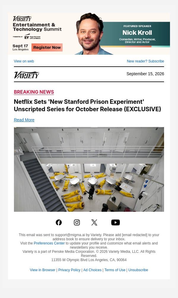 Netflix Sets 'New Stanford Prison Experiment' Unscripted Series for October Release (EXCLUSIVE) email from Variety screenshot