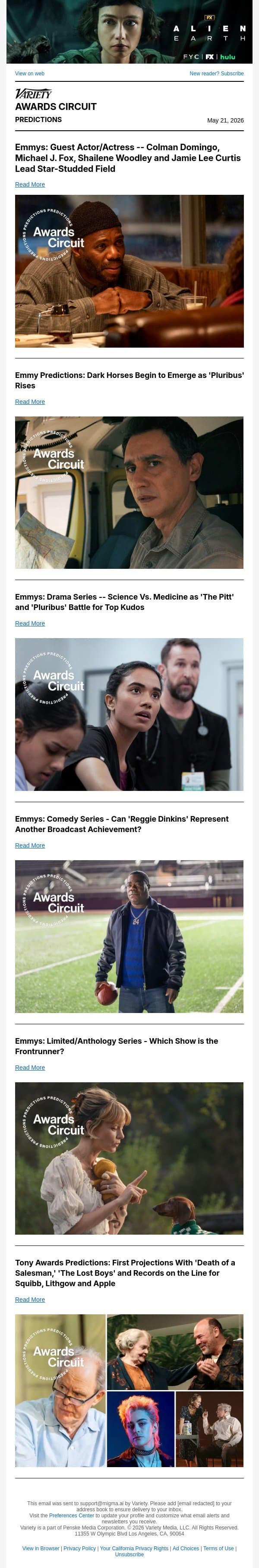 Emmys: First Look at the Guest Acting Races (and Some Tony Awards, Too) email from Variety screenshot