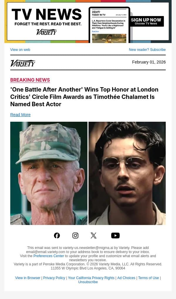 'One Battle After Another' Wins Top Honor at London Critics' Circle Film Awards as Timothée Chalamet Is Named Best Actor email from Variety screenshot