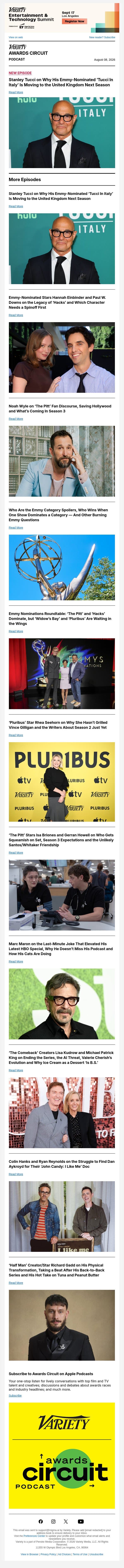 Stanley Tucci on Why His Emmy-Nominated 'Tucci In Italy' Is Moving to the United Kingdom Next Season email from Variety screenshot