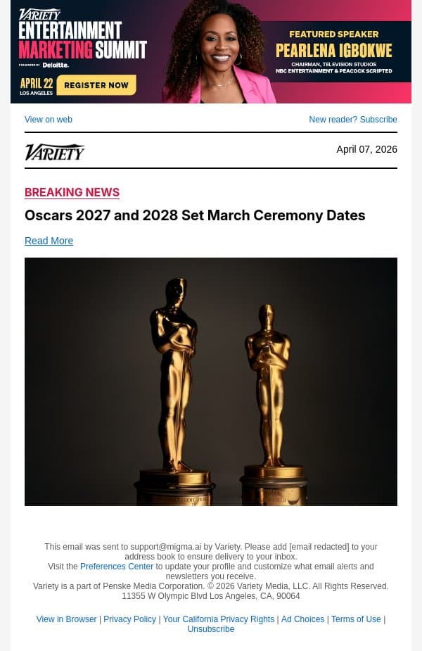 Oscars 2027 and 2028 Set March Ceremony Dates email from Variety screenshot