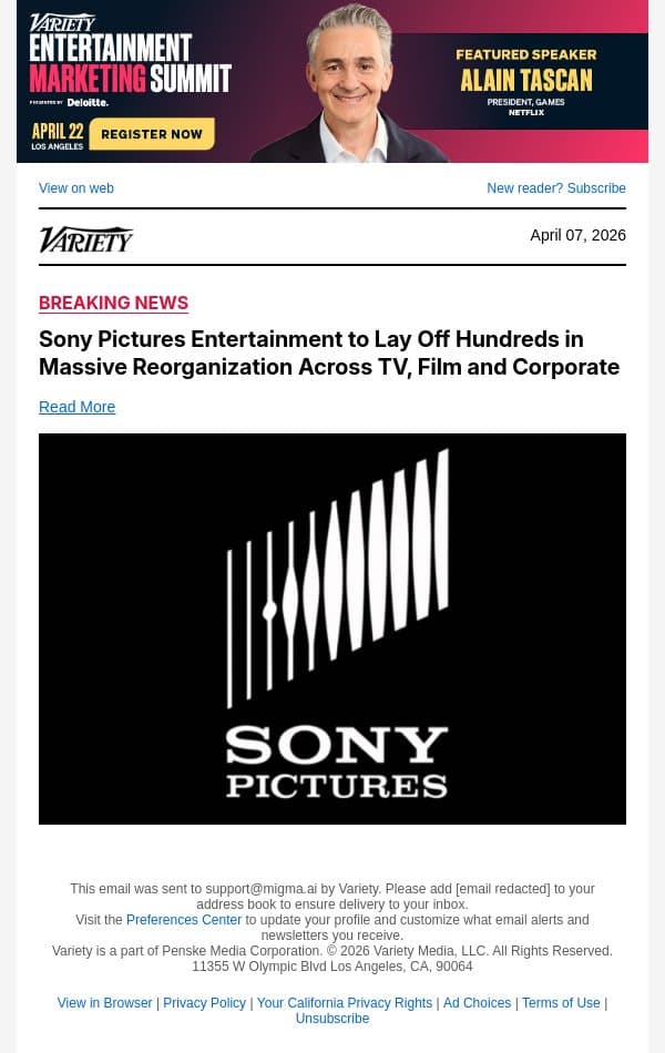 Sony Pictures Entertainment to Lay Off Hundreds in Massive Reorganization Across TV, Film and Corporate email from Variety screenshot