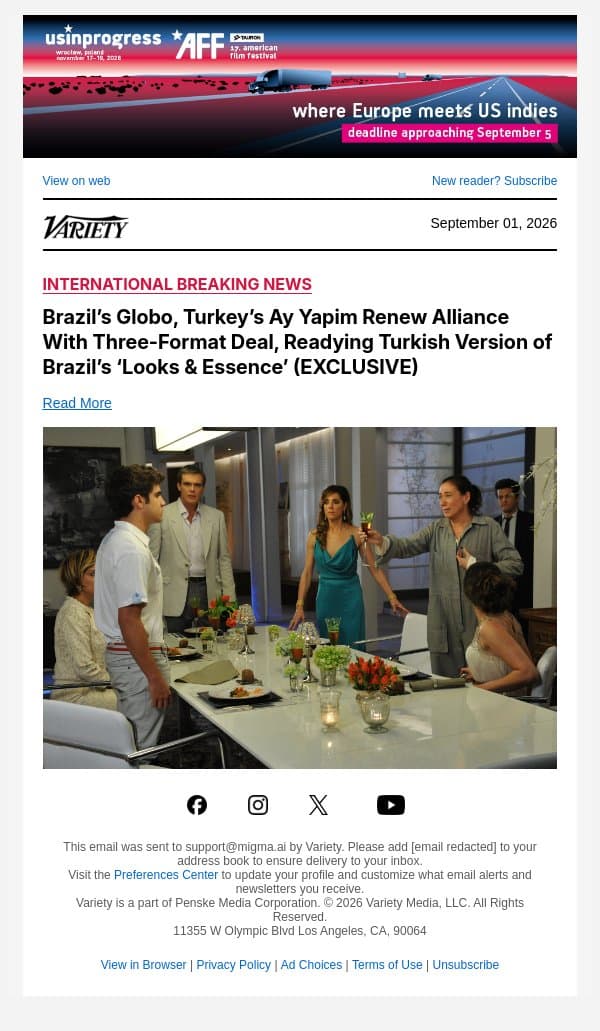 Brazil’s Globo, Turkey’s Ay Yapim Renew Alliance With Three-Format Deal, Readying Turkish Version of Brazil’s ‘Looks & Essence’ (EXCLUSIVE) email from Variety screenshot