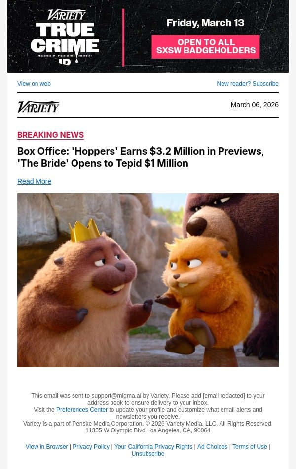 Box Office: 'Hoppers' Earns $3.2 Million in Previews, 'The Bride' Opens to Tepid $1 Million email from Variety screenshot